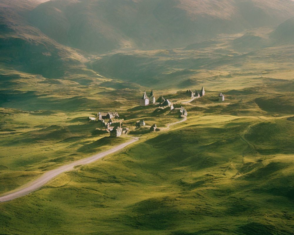 Scenic view of small village on rolling green hills