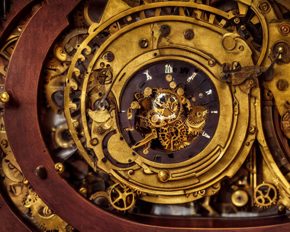 Brass gears and cogs create vintage mechanical clockwork