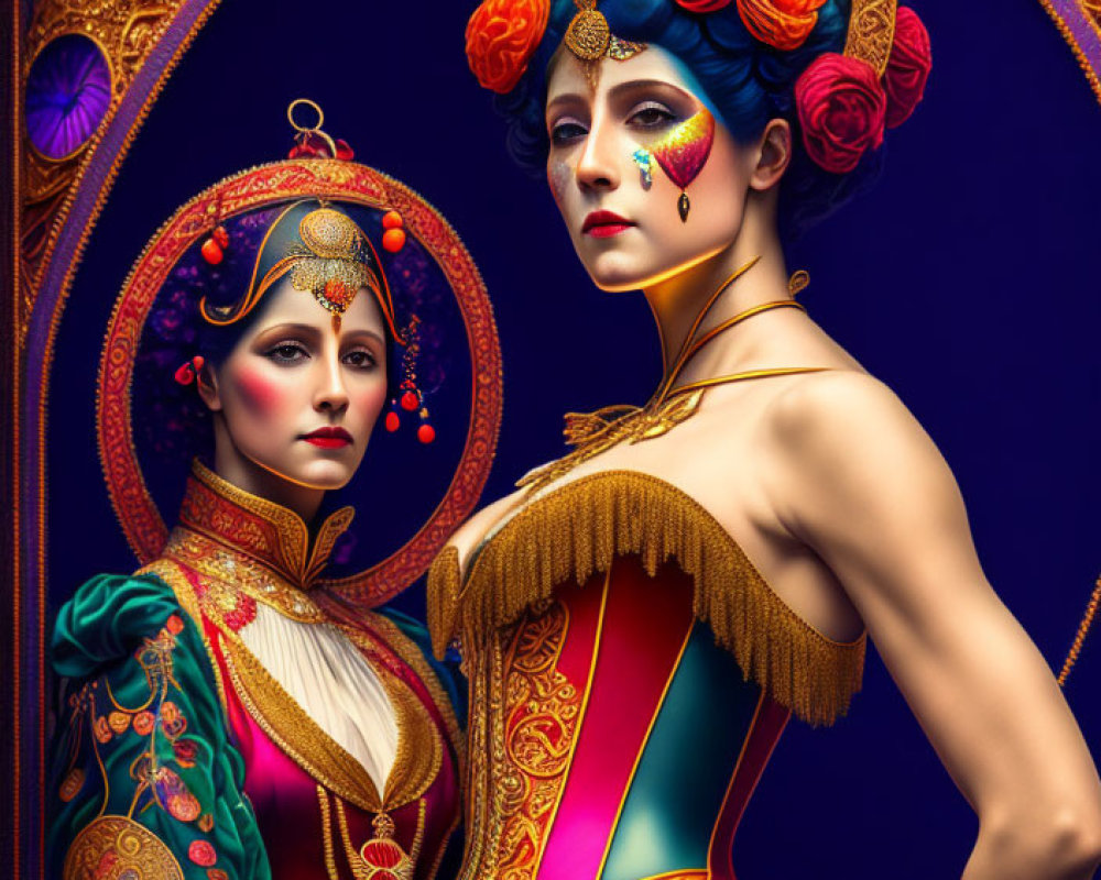 Vibrant Costumes and Ornate Makeup Against Dark Opulent Background