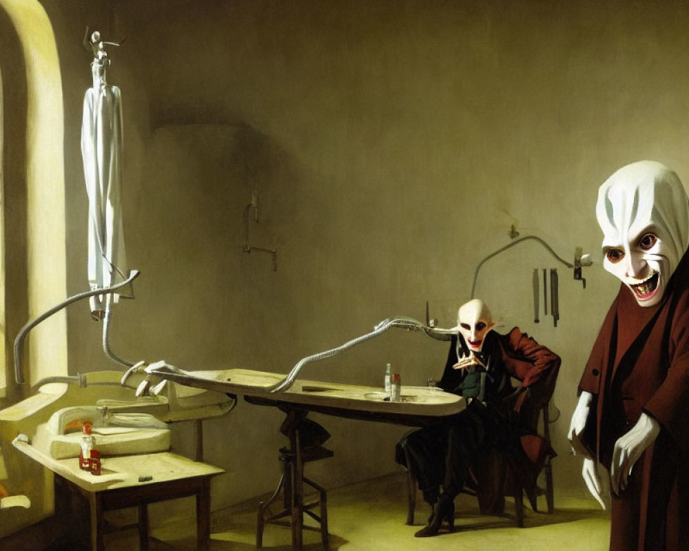 Surreal artwork featuring skull-faced figures in an operating theater