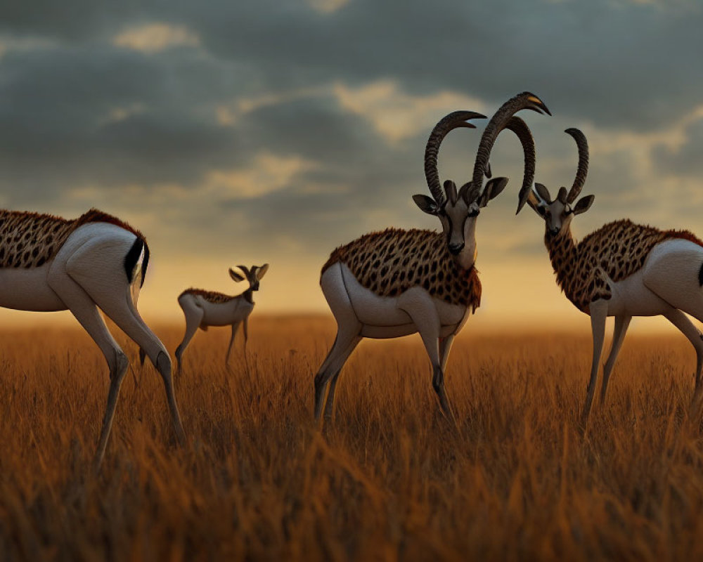 Grazing Gazelles with Distinctive Horns in Golden Savanna