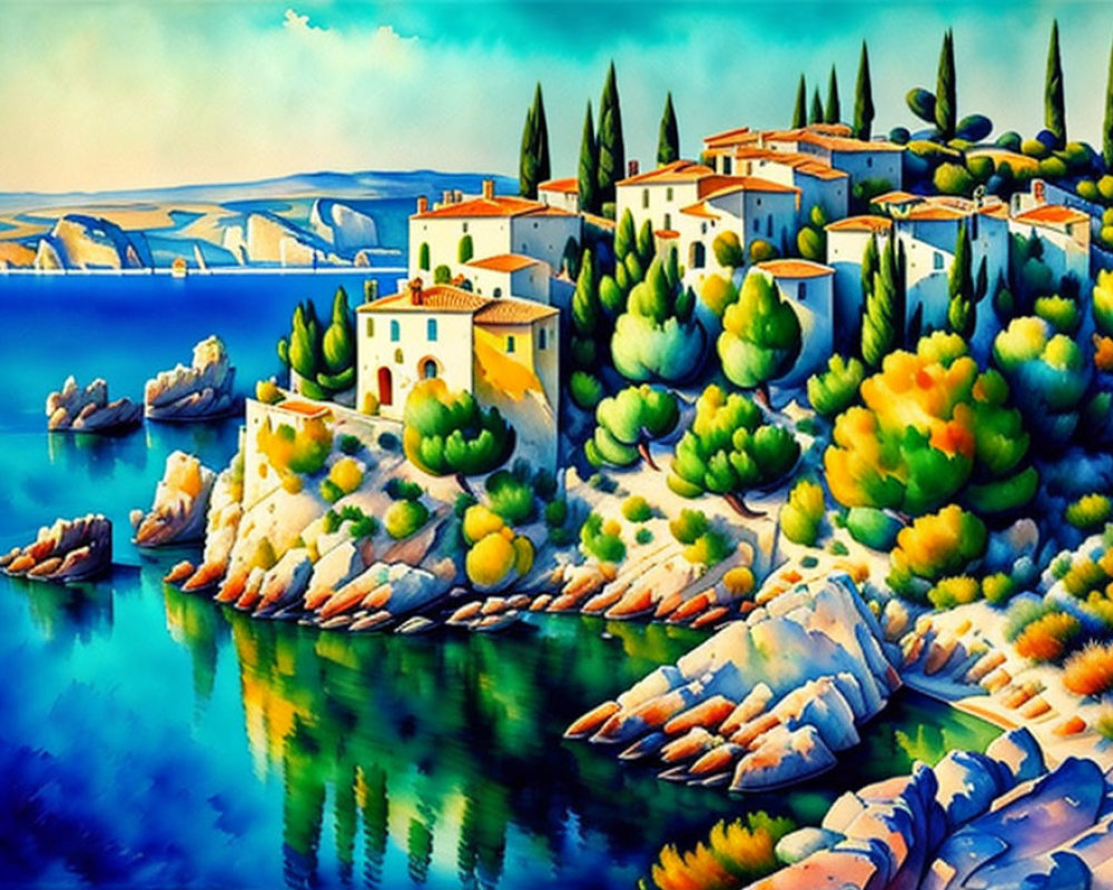 Colorful Coastal Mediterranean Village Painting with Bright Blue Sea