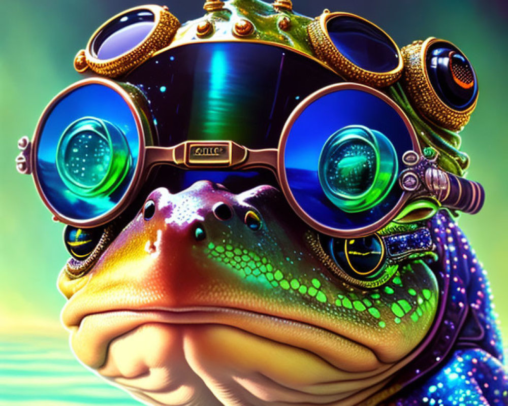 Vibrant Frog Illustration in Steampunk Helmet