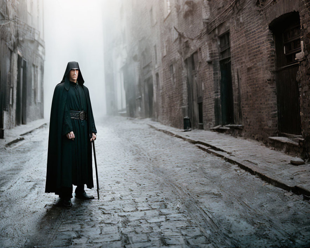 Mysterious figure in dark cloak on foggy cobblestone street