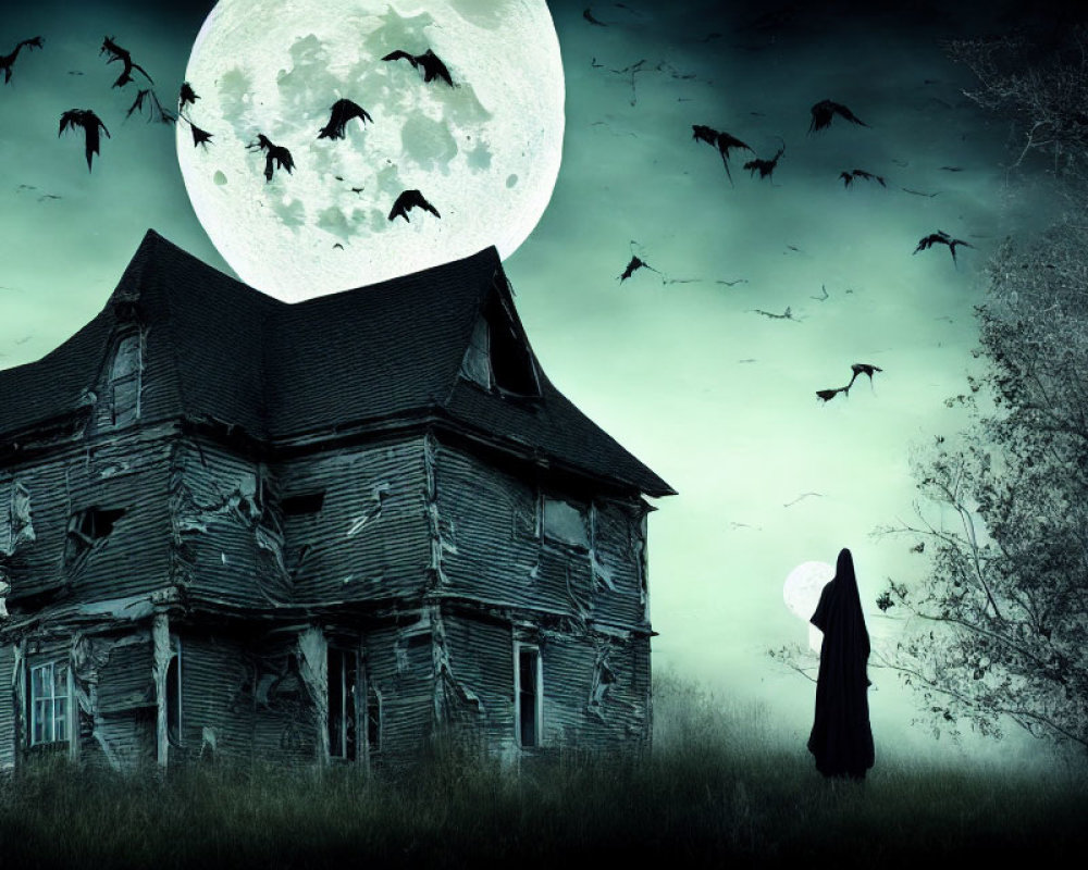 Full Moon Night: Old House, Bats, Cloaked Figure