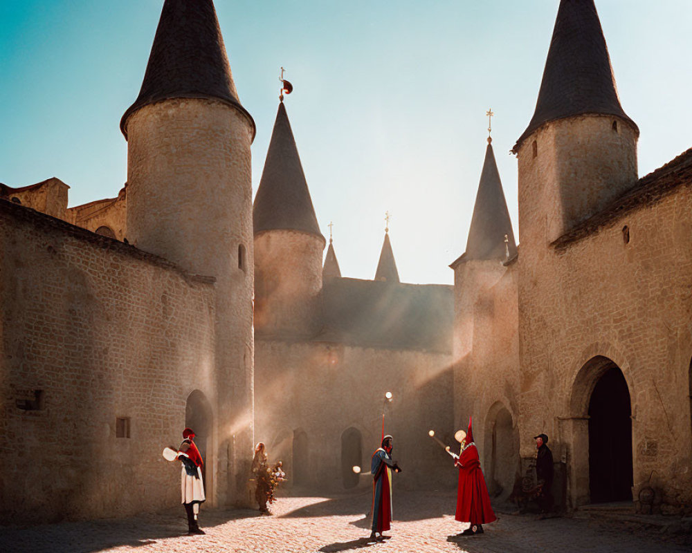 Traditional attired group performs in courtyard with conical towers under clear sky