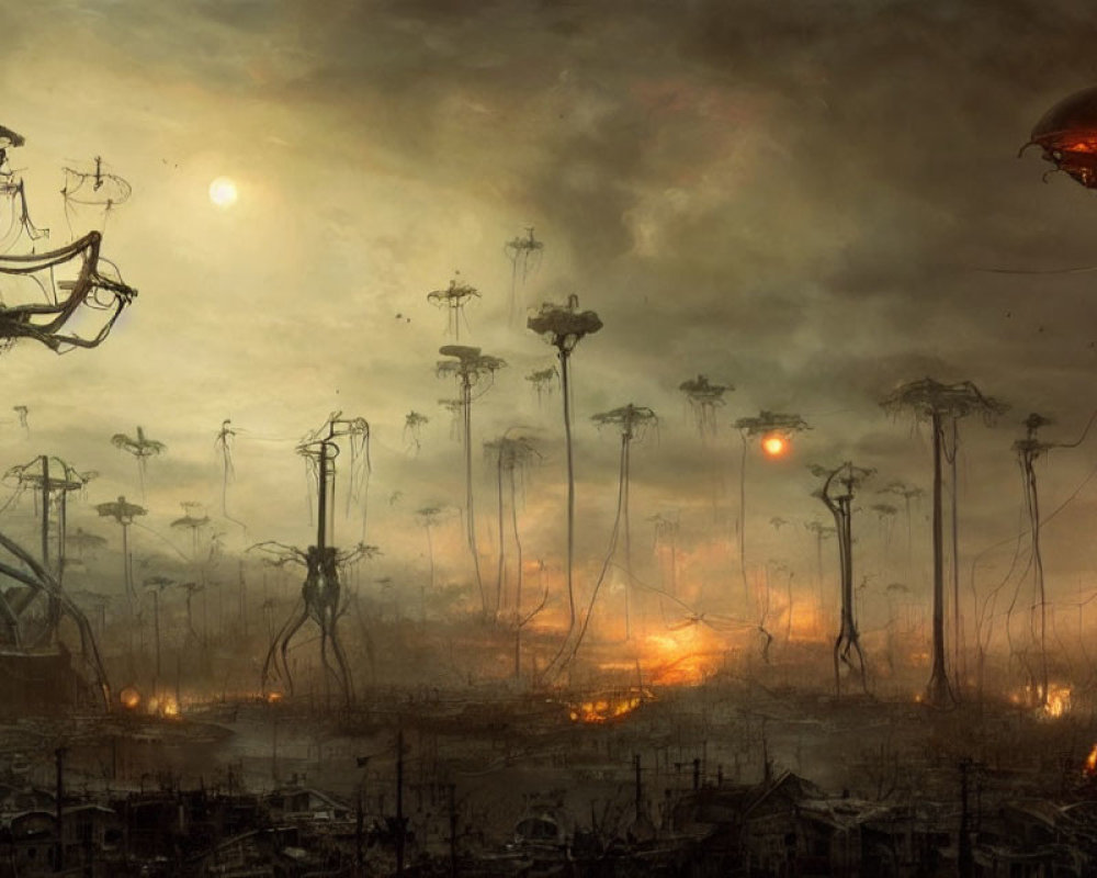 Dystopian landscape with tree-like structures under reddish sun