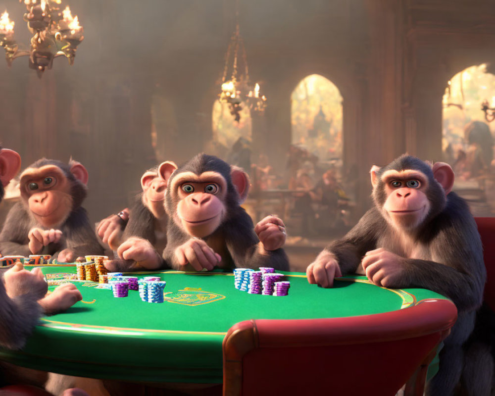 Chimpanzees Playing Poker in Opulent Room