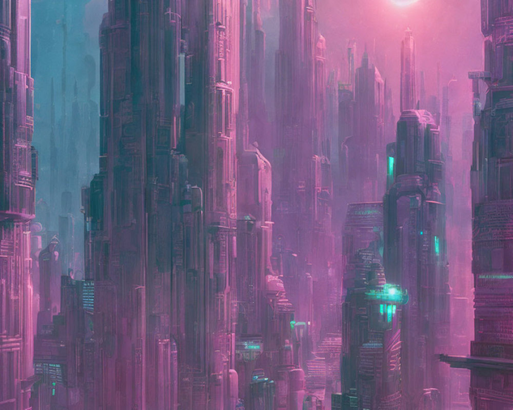 Pink-hued futuristic cityscape with towering skyscrapers and neon highlights