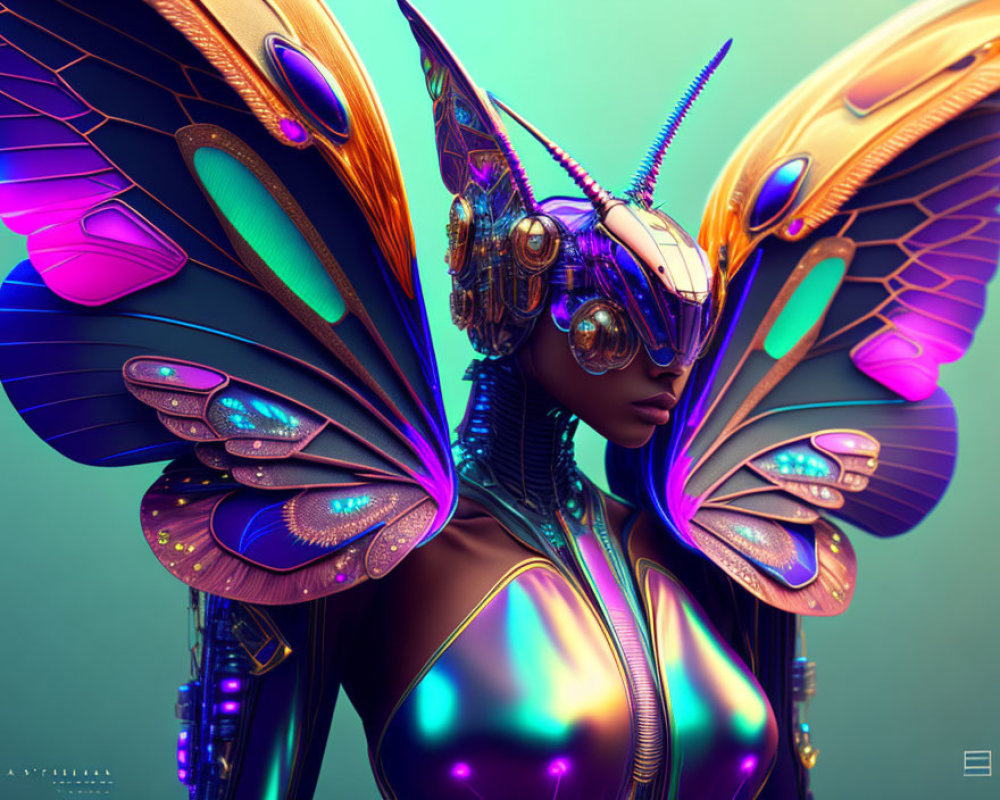 Woman with butterfly wings and futuristic attire on teal background