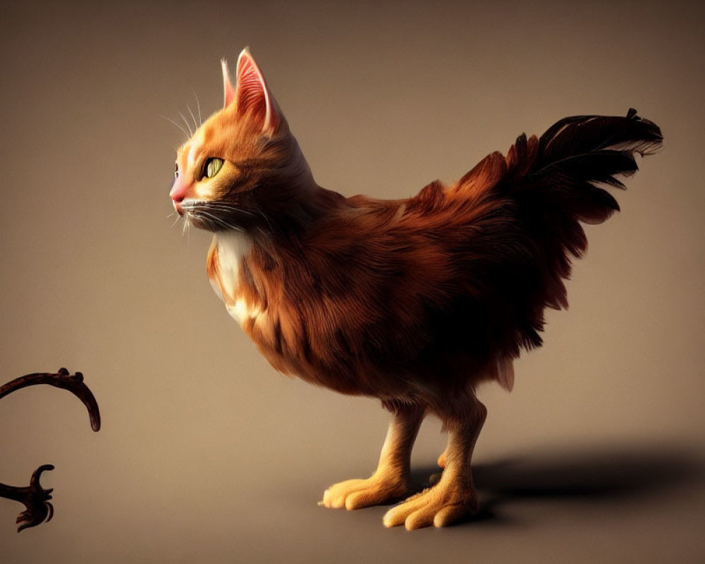 Fantasy creature: Chicken body, cat head, curious expression