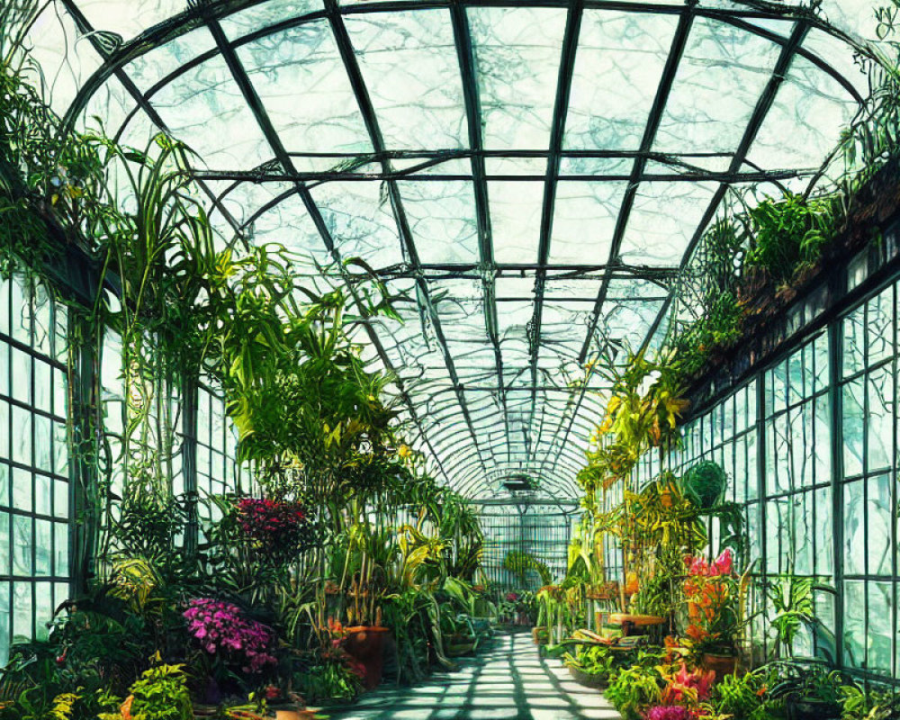 Greenhouse with Arched Glass Ceiling and Lush Plants