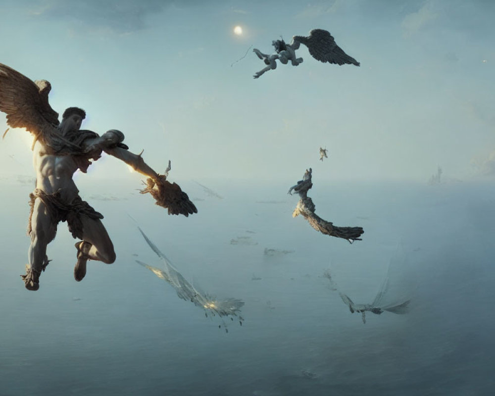 Winged humanoids flying over misty abyss with sunken ships