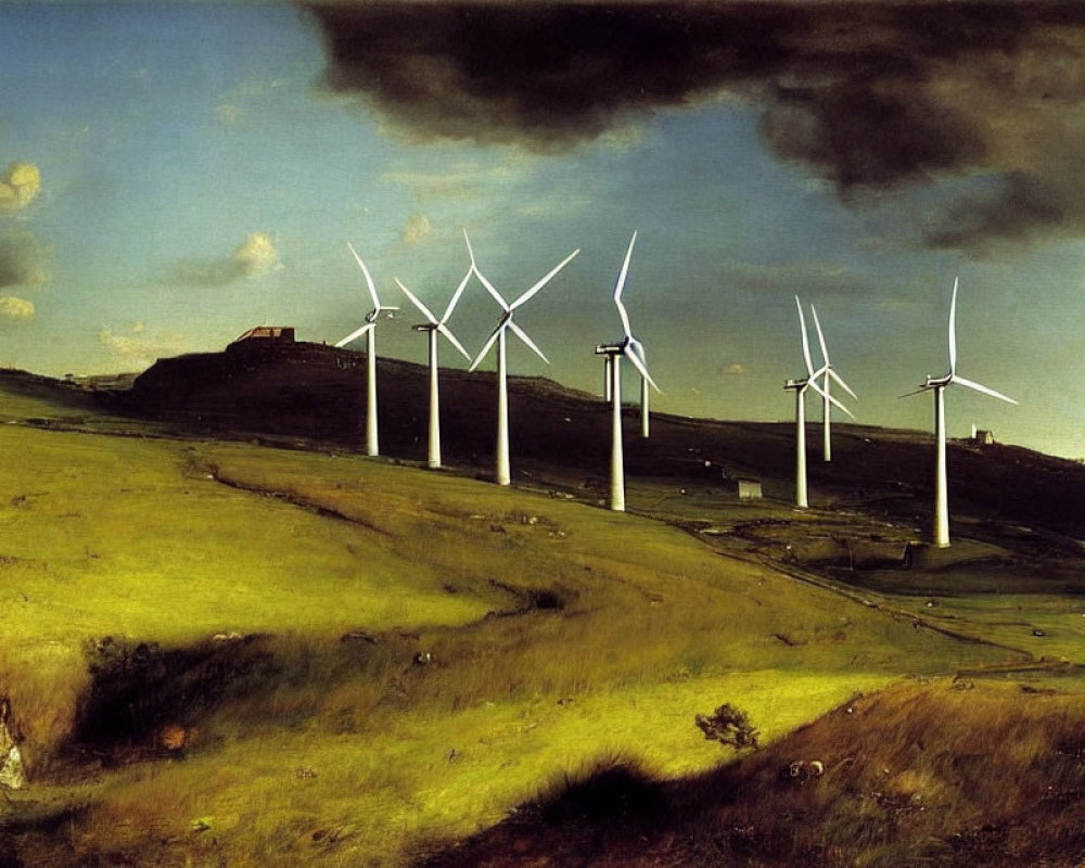 Dramatic cloudy sky over green hills with wind turbines