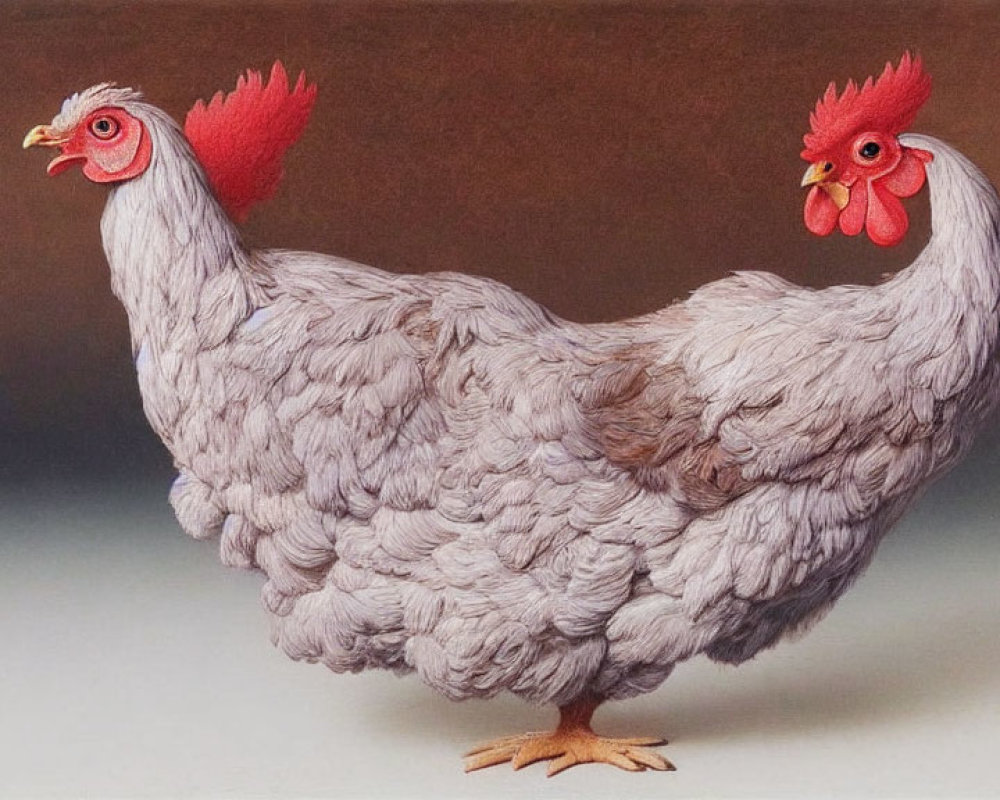 Unique Two-Headed Chicken Drawing with Gray Plumage and Red Combs