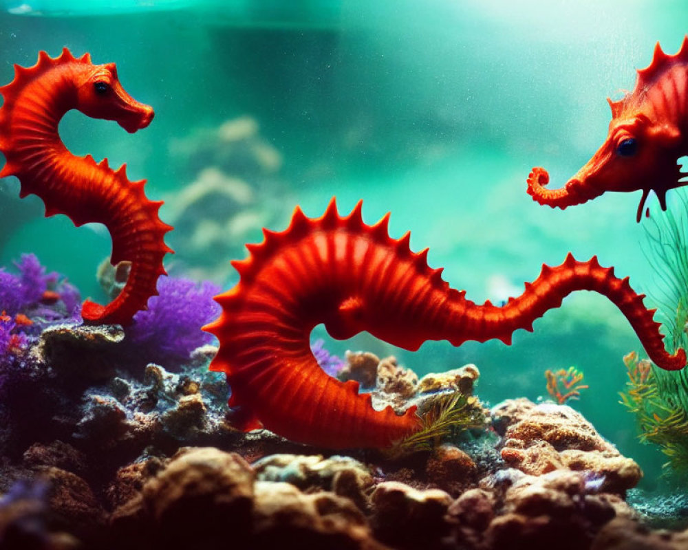 Vibrant red seahorses in colorful coral aquarium