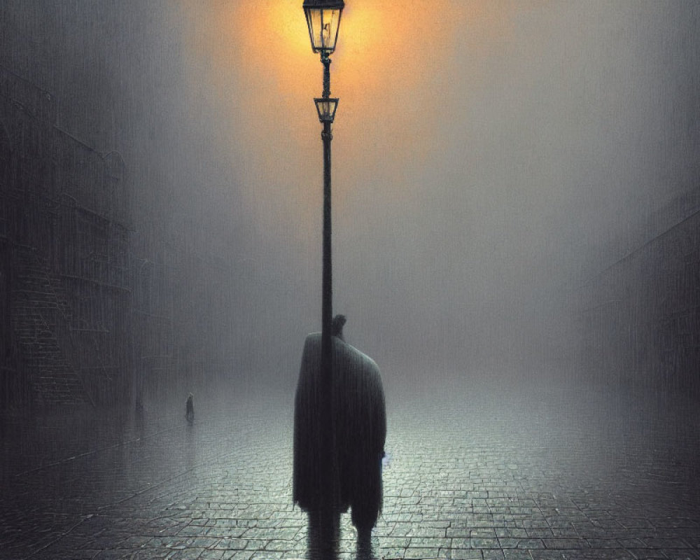 Mysterious figure under street lamp in heavy fog