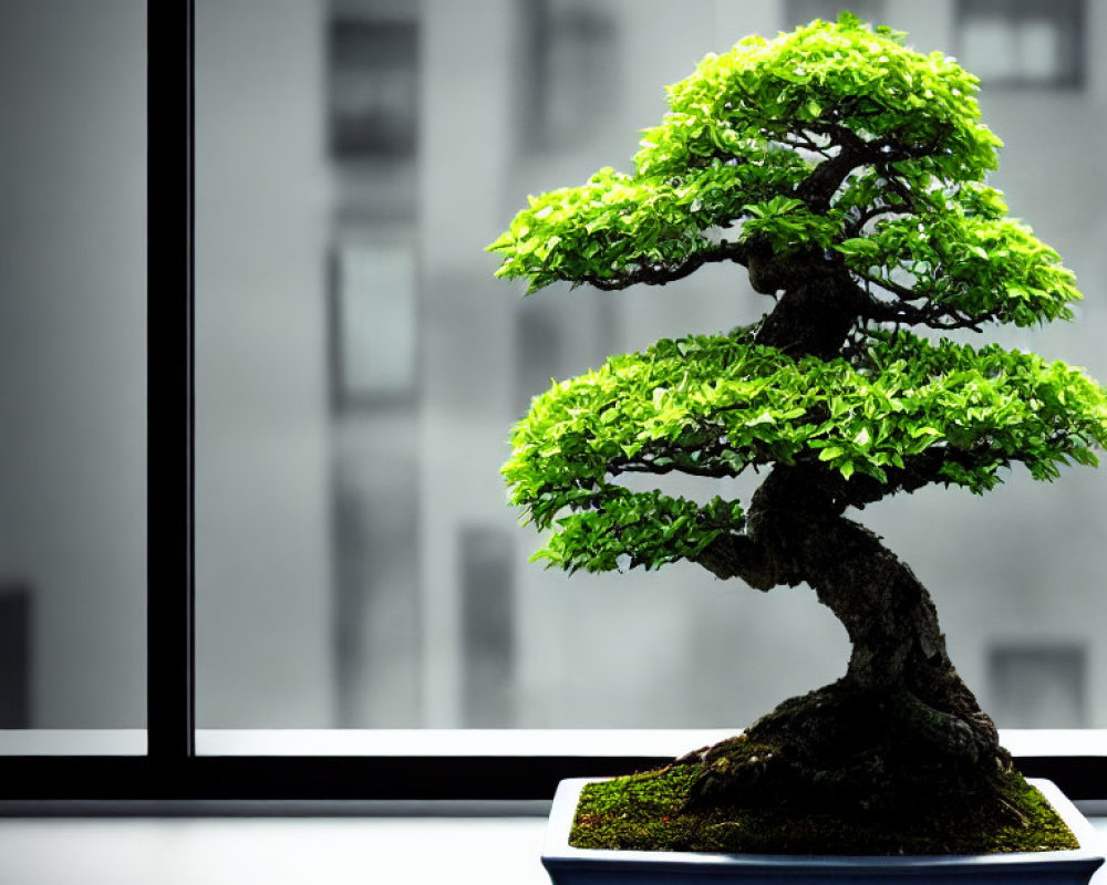 Twisted trunk bonsai tree on windowsill with high-rise backdrop