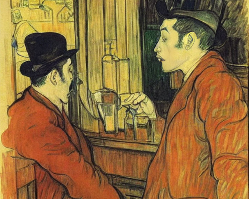 Men in hats chatting at bar with visible bottles, post-impressionist style.