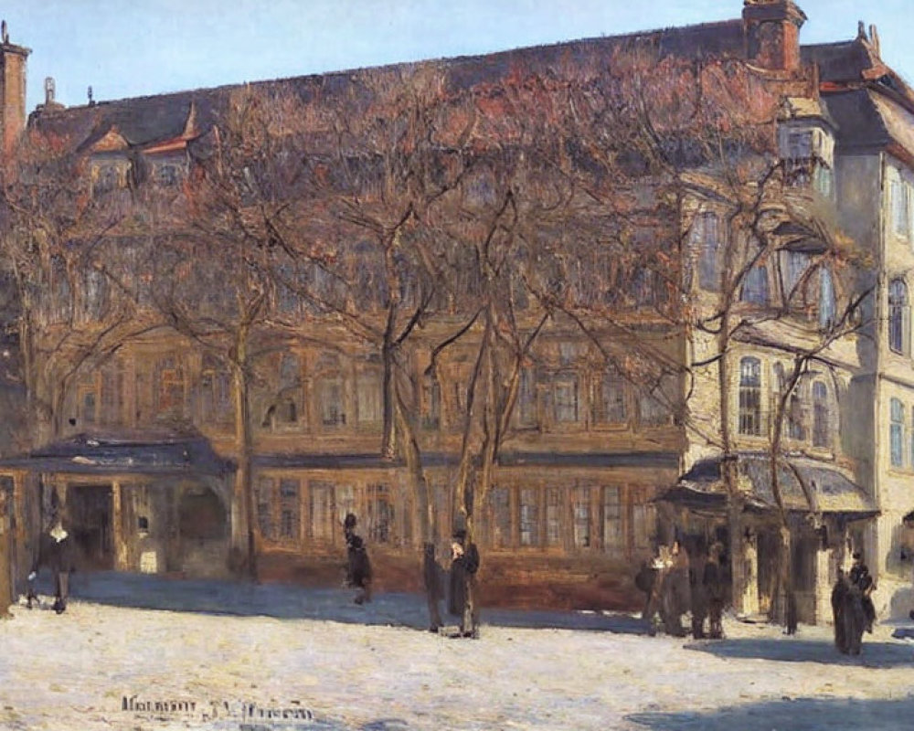 Winter street scene with bare trees, pedestrians, and old buildings.