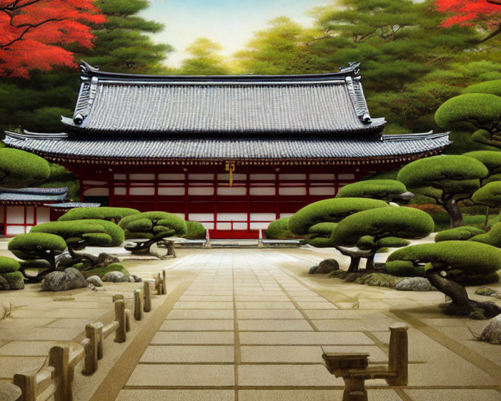 Tranquil Japanese garden with stone pathway and temple in autumn.