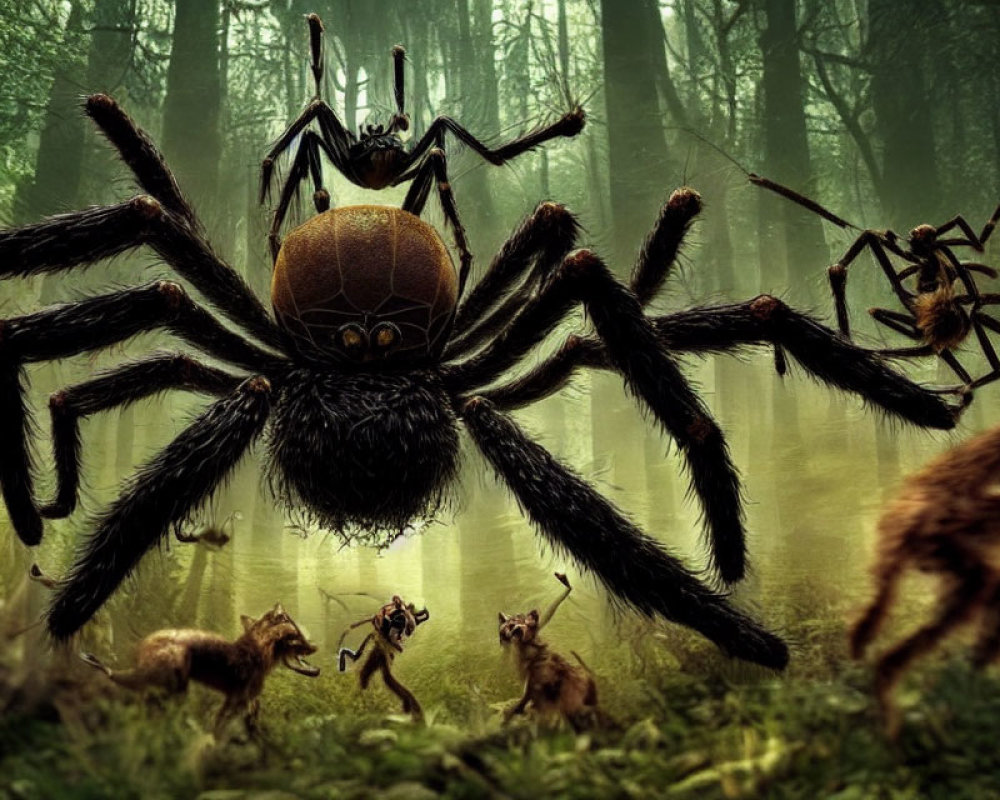 Fantastical scene: Oversized spiders and small humanoid figures in misty forest