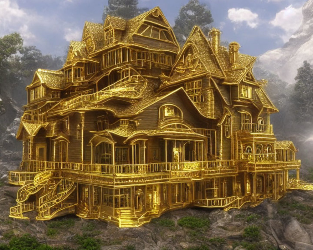 Golden Ornate House Amid Misty Mountains and Rocks