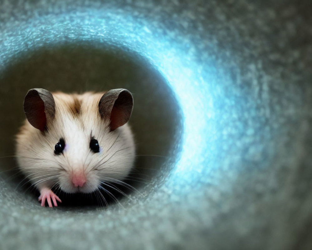 Curious Mouse in Circular Tube with Soft Blue Glow