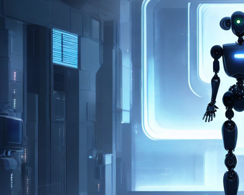 Futuristic robot in illuminated corridor with reflective floors