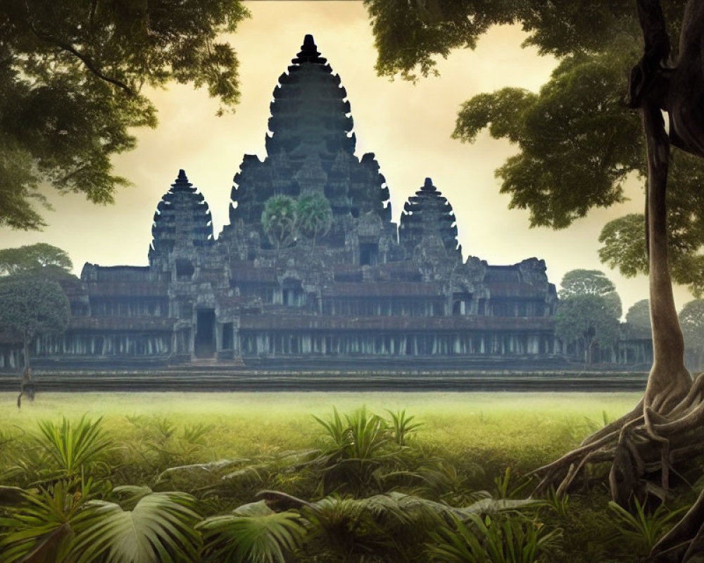 Ancient temple with intricate spires in lush setting with reflective water and mist.