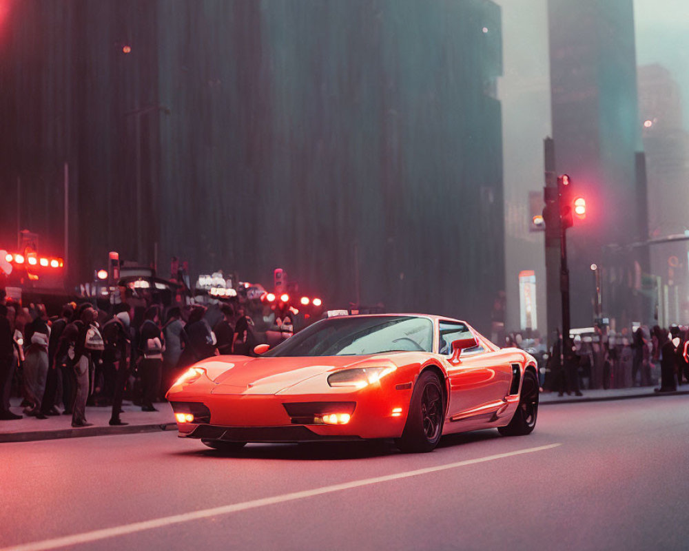 Red Sports Car Parked on City Street at Dusk with Blurred Background Buildings and Traffic Lights