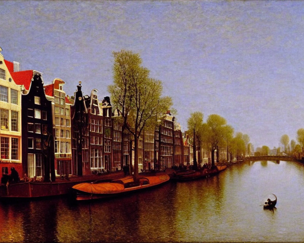 Historical Dutch canal with classic houses and boat.