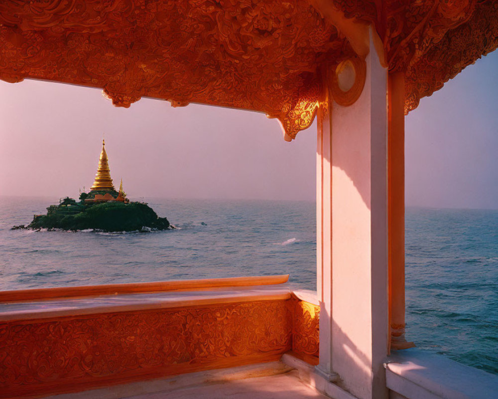 Ornate Orange Terrace Overlooking Tranquil Sea with Golden Pagoda Island