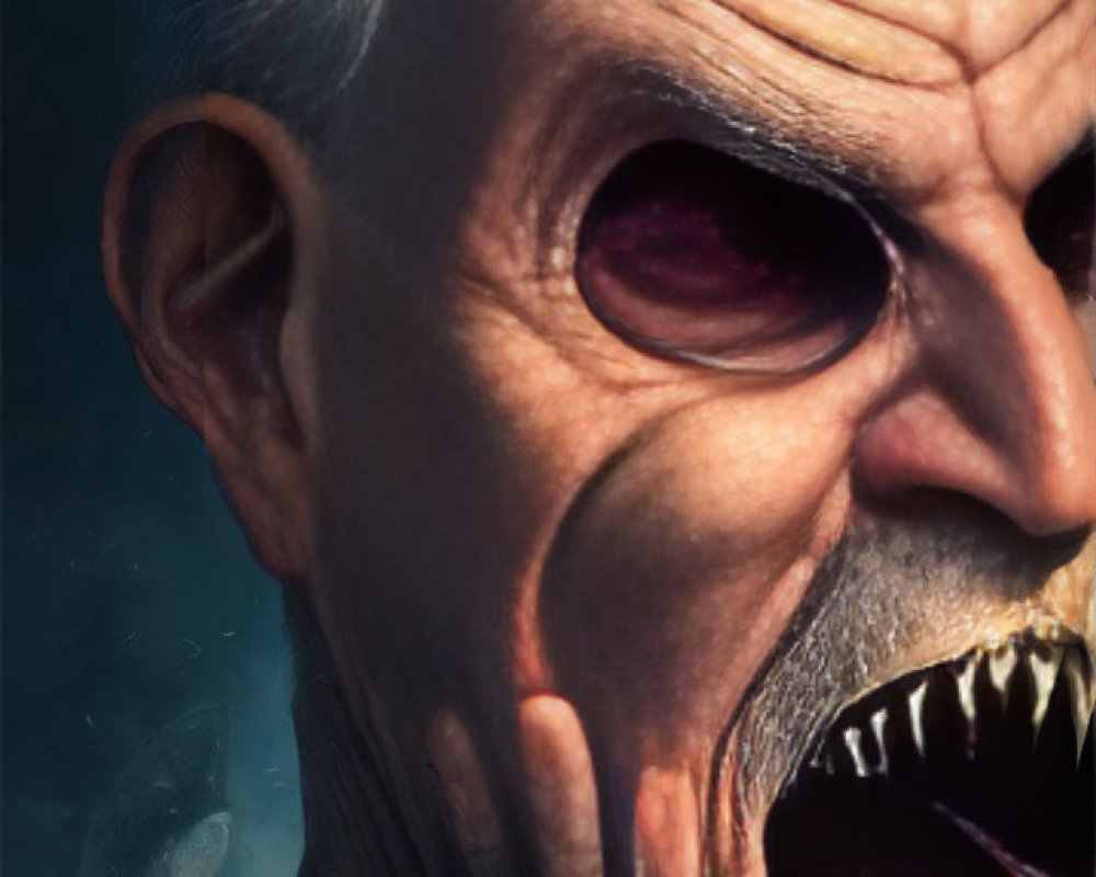 Monstrous humanoid digital artwork with sharp teeth and white hair