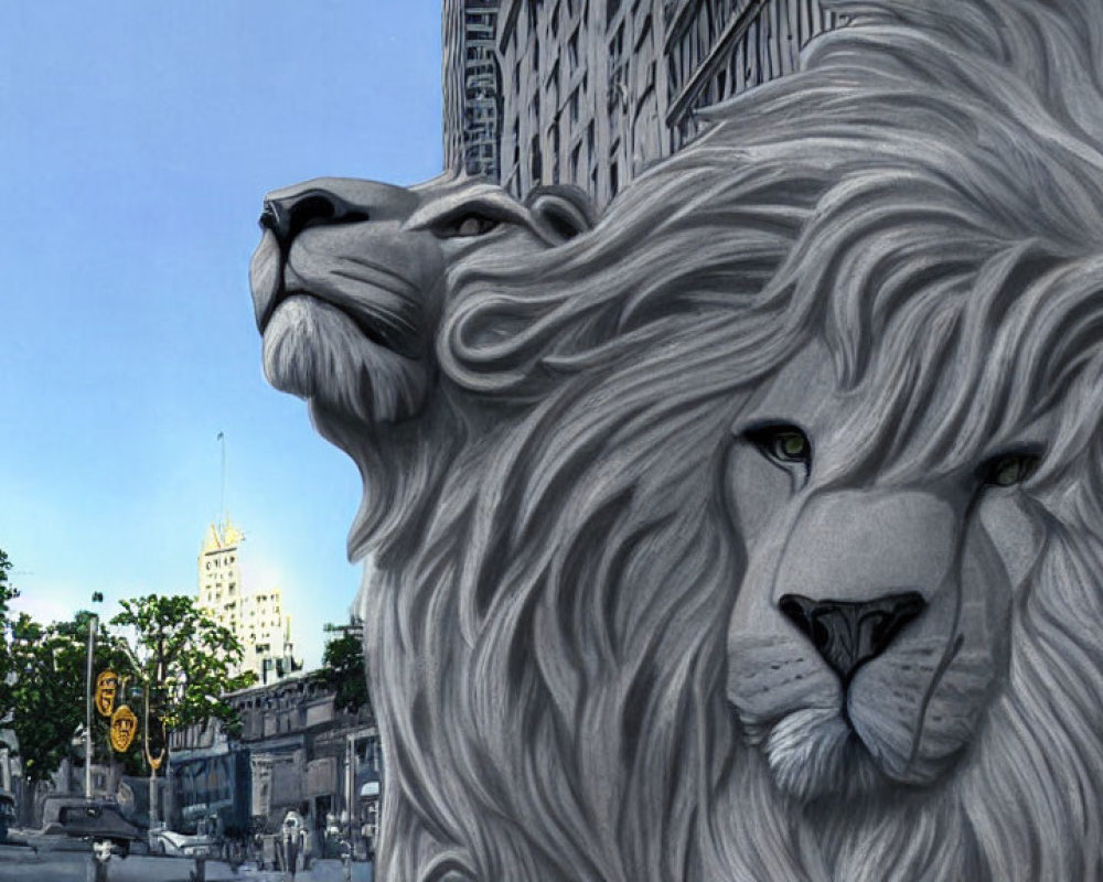 Monochrome mural featuring majestic lions in urban setting