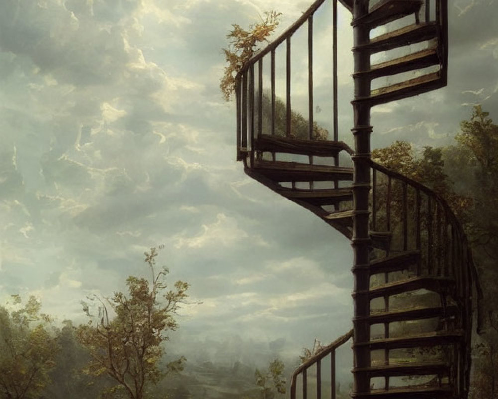 Spiral Staircase in Tranquil Landscape under Cloudy Sky