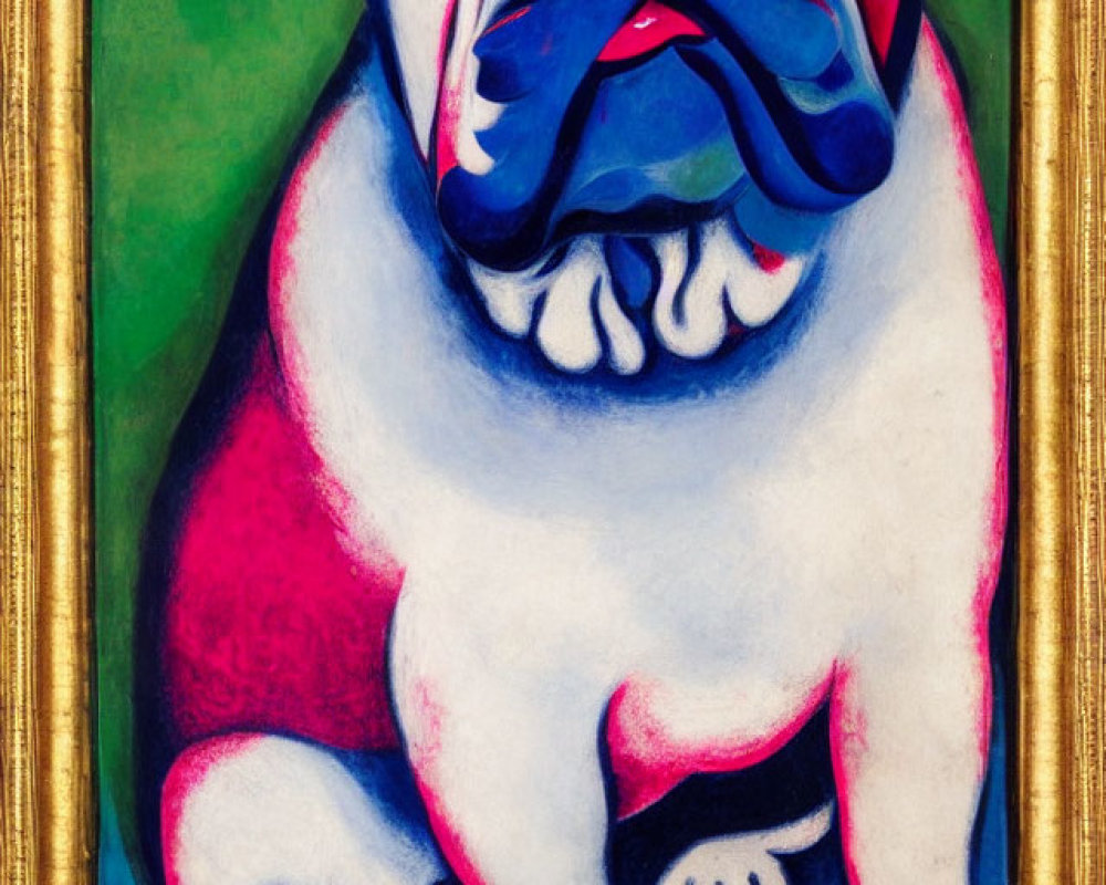 Vibrant Bulldog Painting with Exaggerated Sad Expression on Green and Blue Background