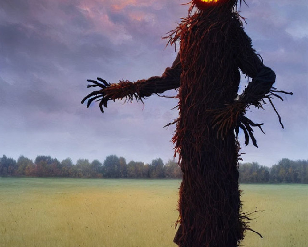 Spooky scarecrow with glowing jack-o'-lantern head in field at dusk