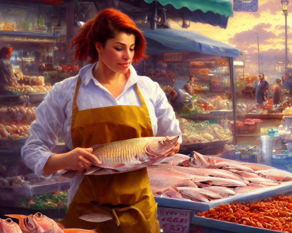 Woman in Yellow Apron Holding Fish at Seafood Market Stall
