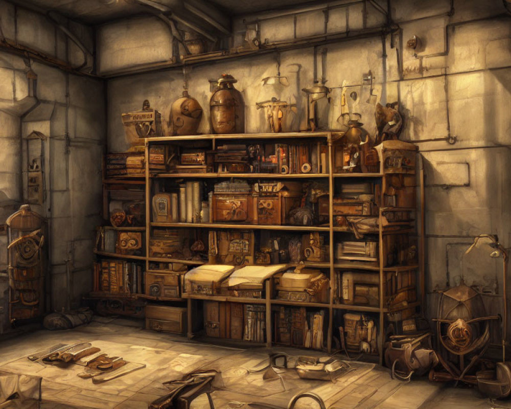 Dimly-lit Workshop with Cluttered Bookshelf & Alchemy Artifacts