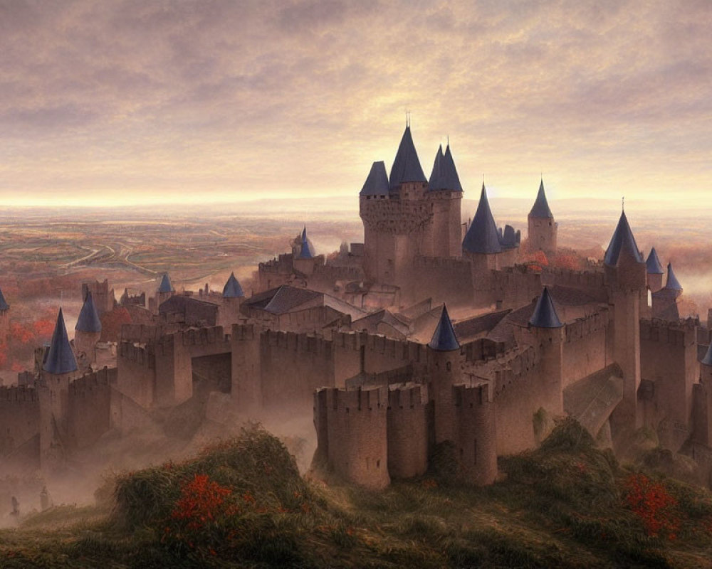 Medieval castle with blue-roofed towers at sunrise