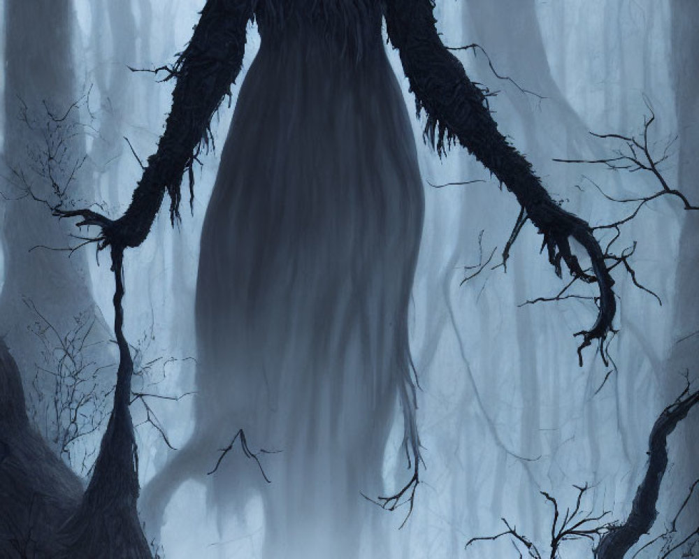 Eerie tall figure in black cloak in foggy forest