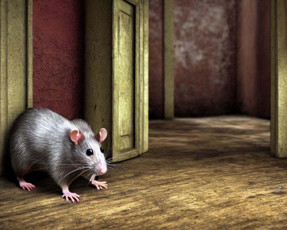 Realistic gray mouse on wooden floor by open door with red walls