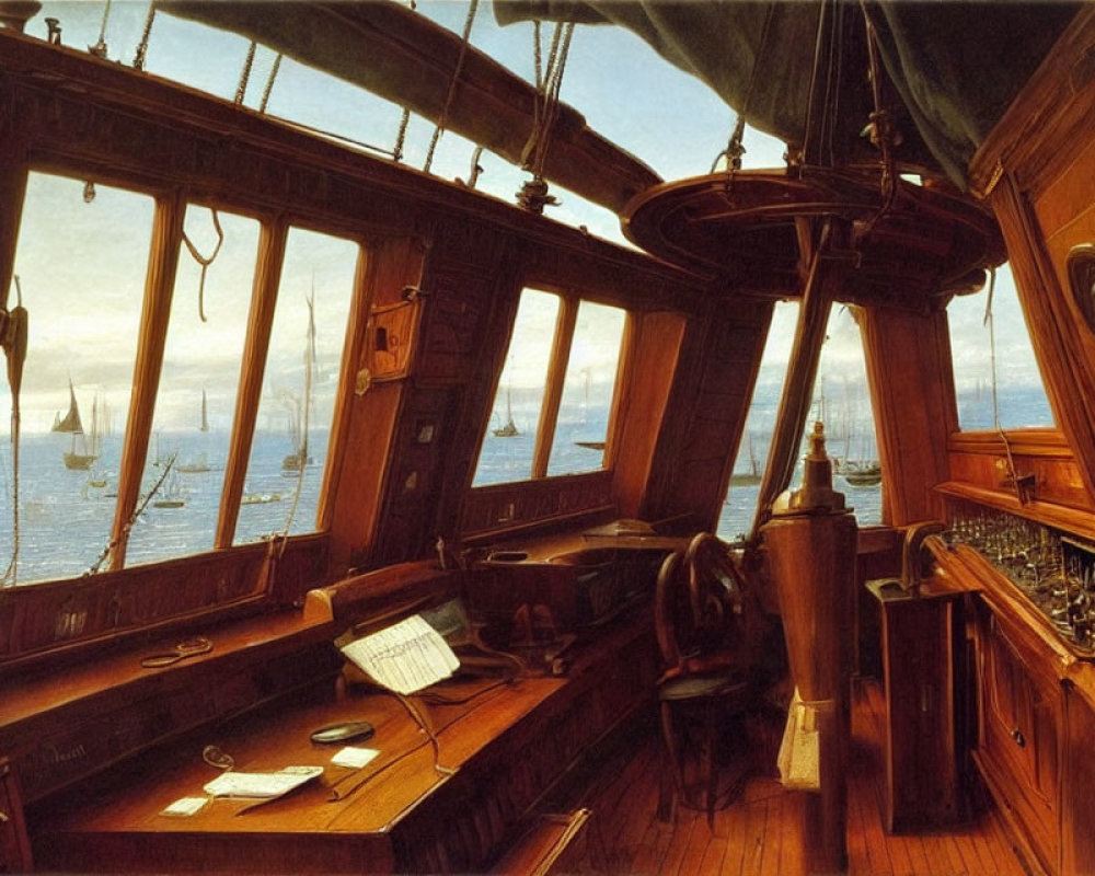 Vintage Ship's Bridge with Wooden Interiors, Helm, Maritime Instruments, Maps, and Sea View