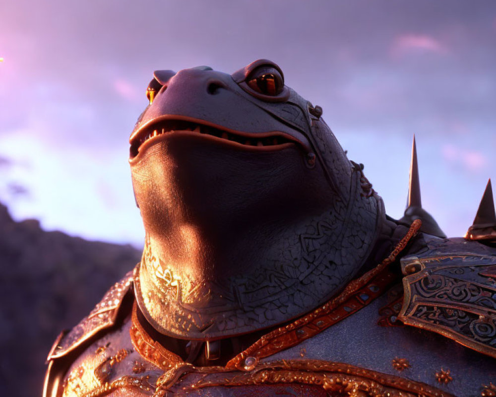 CG animated toad in ornate armor against sunset sky