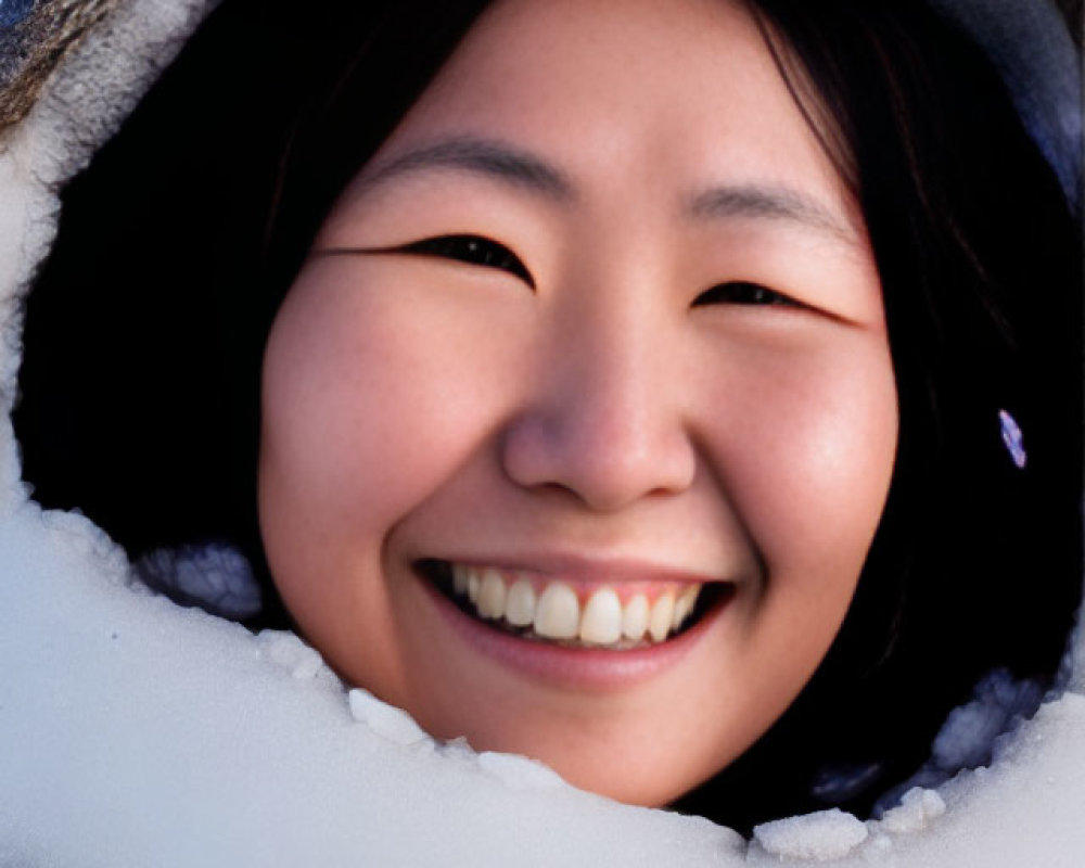 Smiling person with East Asian features in snowy circle