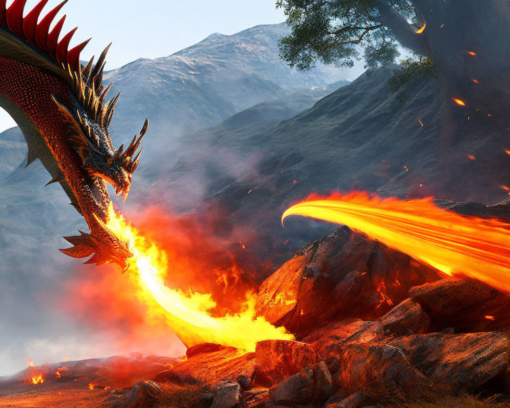 Red Dragon Breathing Fire in Rocky Mountain Terrain