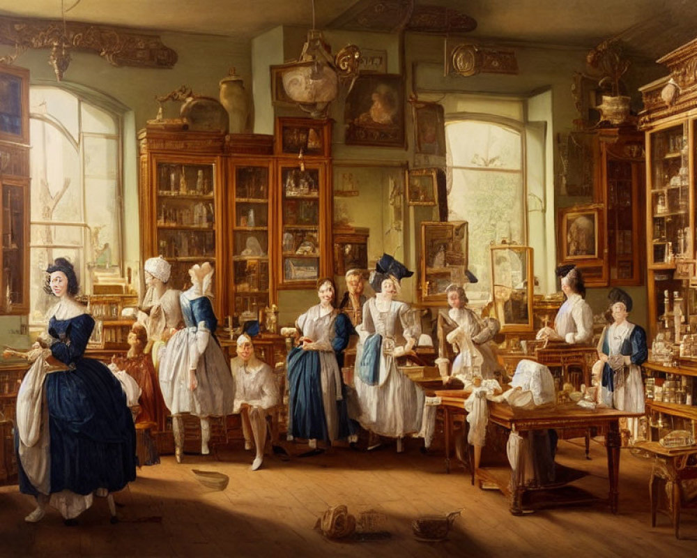 19th-Century Interior Painting with Women and Children in Period Attire