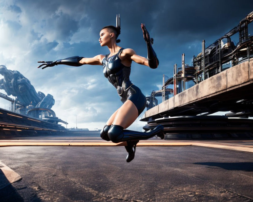 Futuristic female warrior in sleek suit leaps in sci-fi cityscape with giant robot