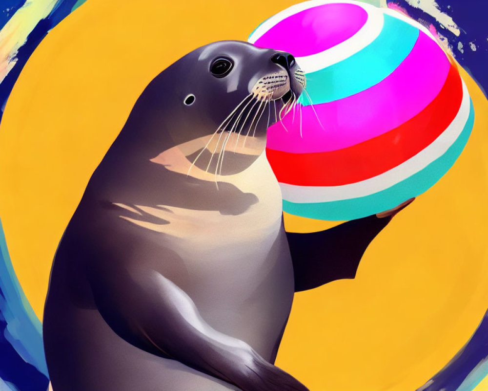 Colorful Seal Balancing Beach Ball on Nose in Vibrant Illustration